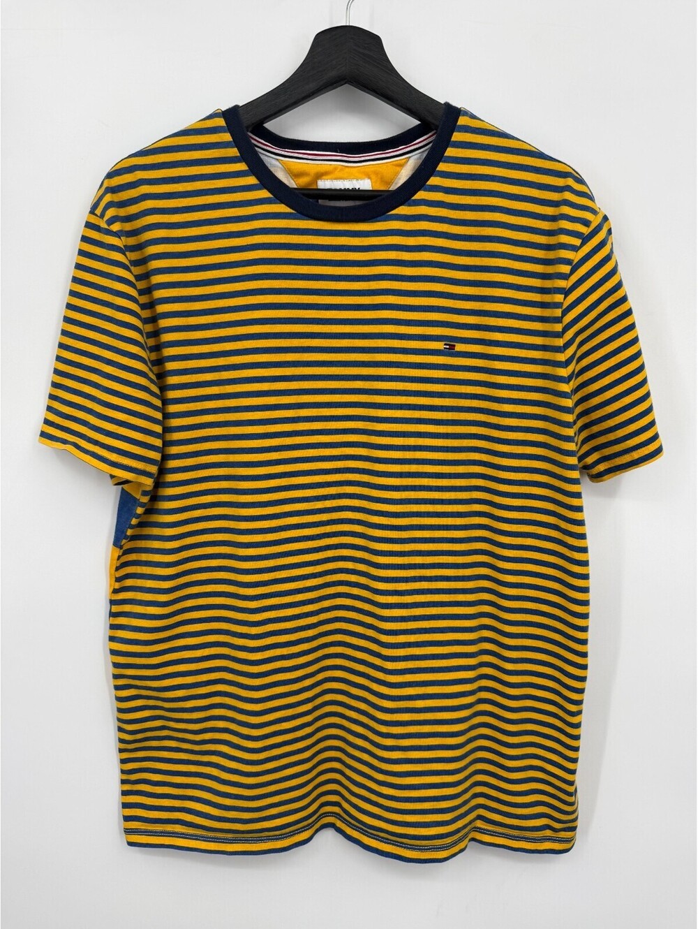 Tommy Jeans Mens T-Shirt Yellow Blue Striped Logo Cotton Tee 78E9814 Large